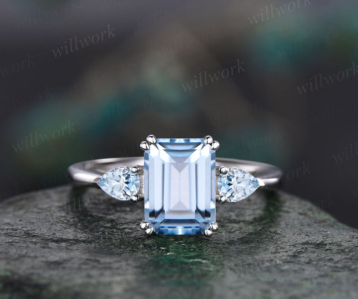 READY TO SHIP: Emerald Cut Aquamarine Engagement Ring - Sterling Silver - Ring Size: 9 US