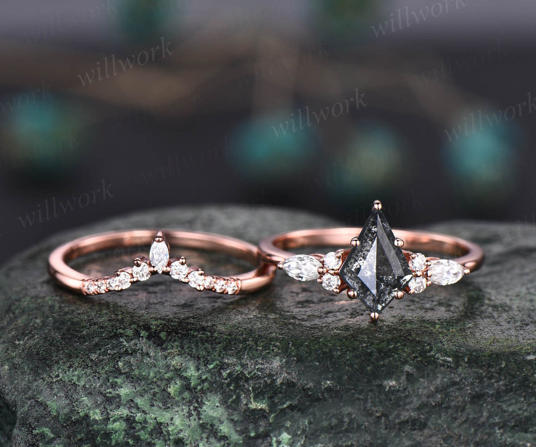 Vintage kite cut salt and pepper diamond engagement ring set unique bridal wedding ring set