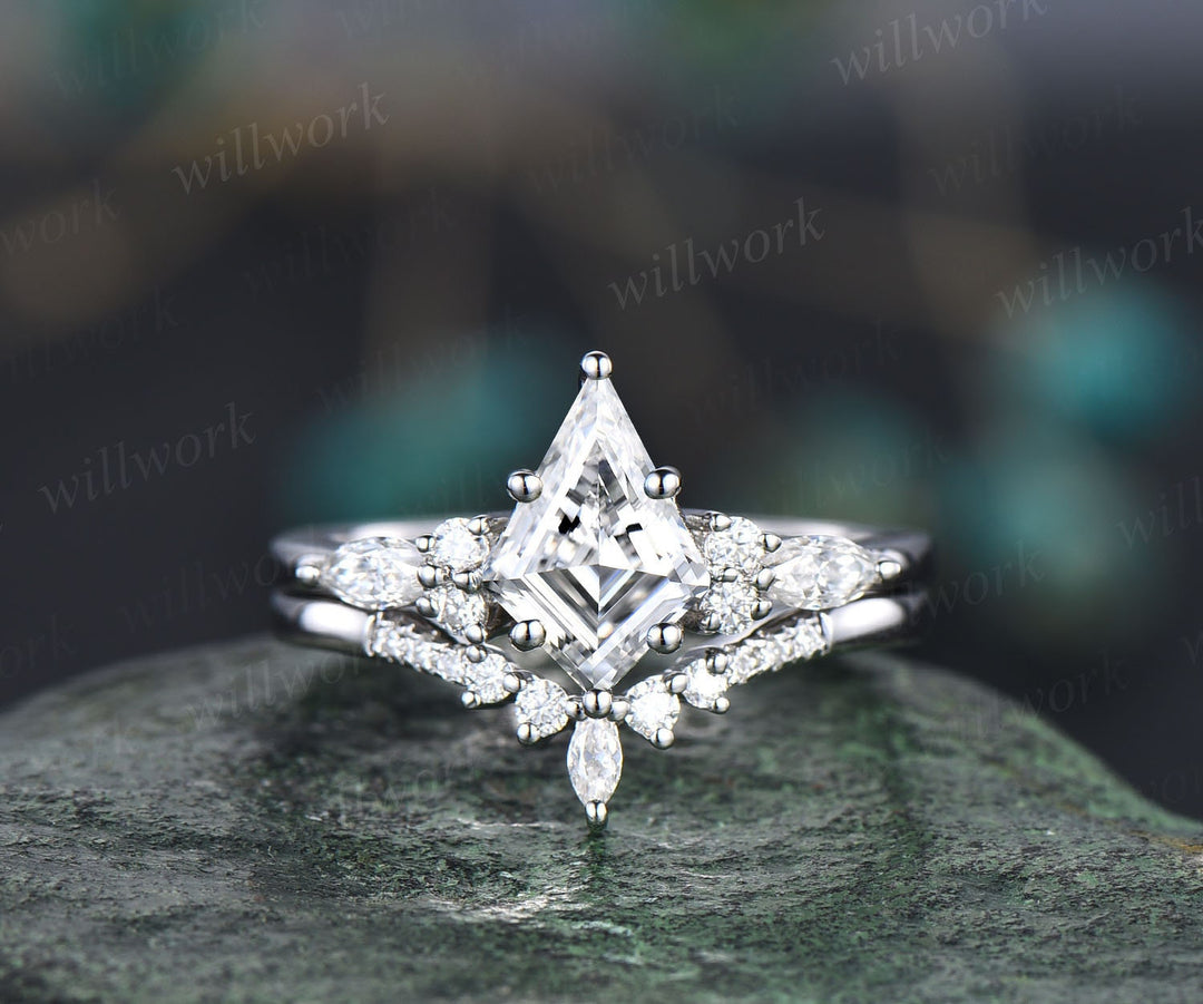 Vintage kite cut lab grown diamond engagement ring set 14k rose gold 6 prong diamond unique bridal wedding promise ring set women
