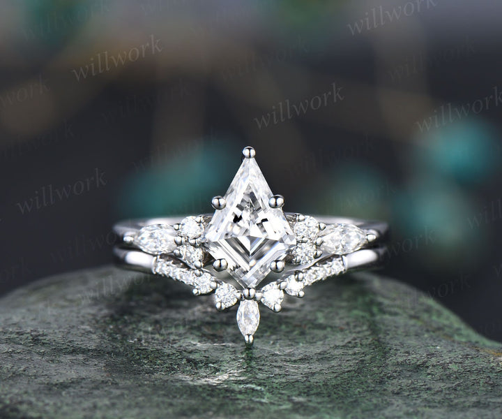 Vintage kite cut lab grown diamond engagement ring set 14k rose gold 6 prong diamond unique bridal wedding promise ring set women