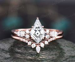 Vintage kite cut lab grown diamond engagement ring set 14k rose gold 6 prong diamond unique bridal wedding promise ring set women