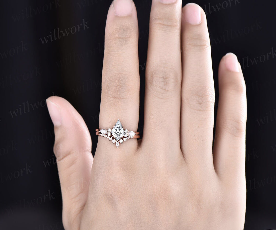 Vintage kite cut lab grown diamond engagement ring set 14k rose gold 6 prong diamond unique bridal wedding promise ring set women