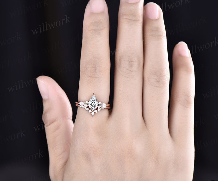 Vintage kite cut lab grown diamond engagement ring set 14k rose gold 6 prong diamond unique bridal wedding promise ring set women