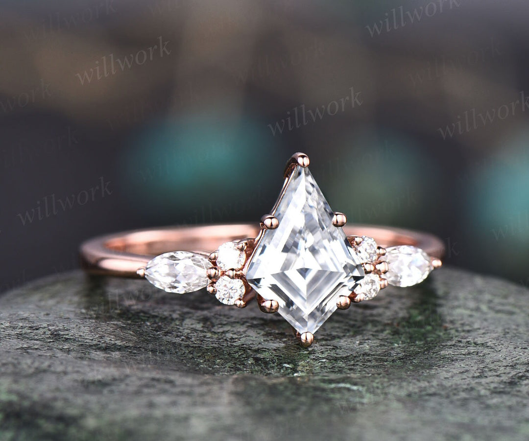 Vintage kite cut lab grown diamond engagement ring set 14k rose gold 6 prong diamond unique bridal wedding promise ring set women