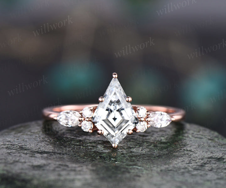 Vintage kite cut IGI lab-grown diamond engagement ring set 14k rose gold six prong marquise cut diamond ring for women unique bridal wedding ring set