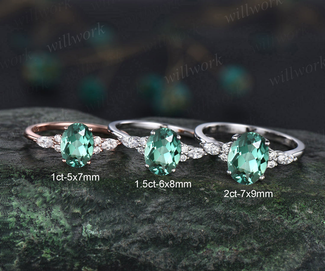 Teal sapphire engagement ring oval green sapphire engagement ring unique marquise white gold engagement ring diamond wedding ring women