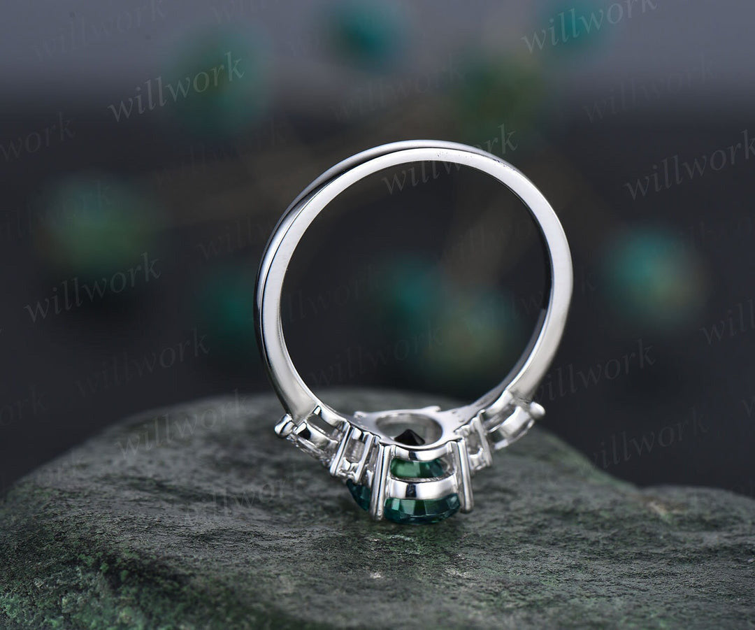 Teal sapphire engagement ring oval green sapphire engagement ring unique marquise white gold engagement ring diamond wedding ring women