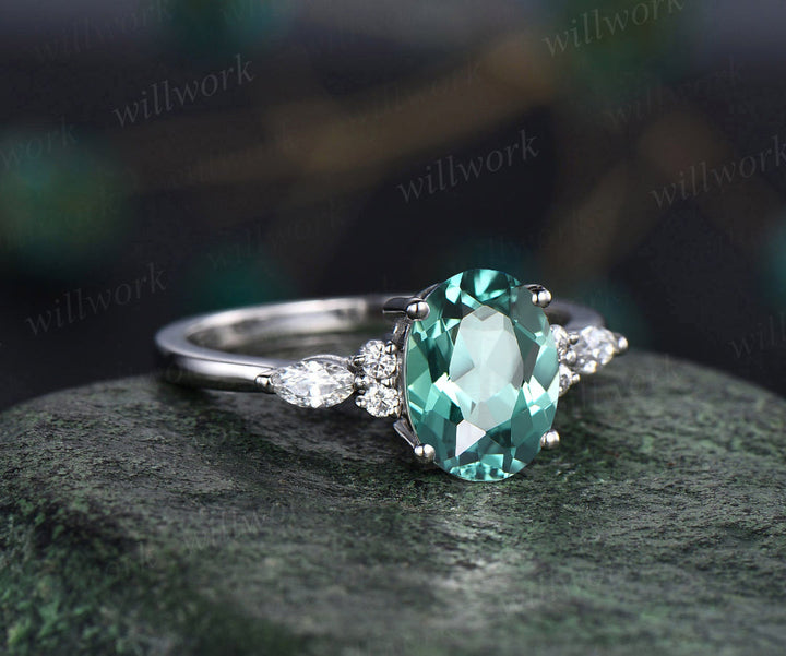 Teal sapphire engagement ring oval green sapphire engagement ring unique marquise white gold engagement ring diamond wedding ring women