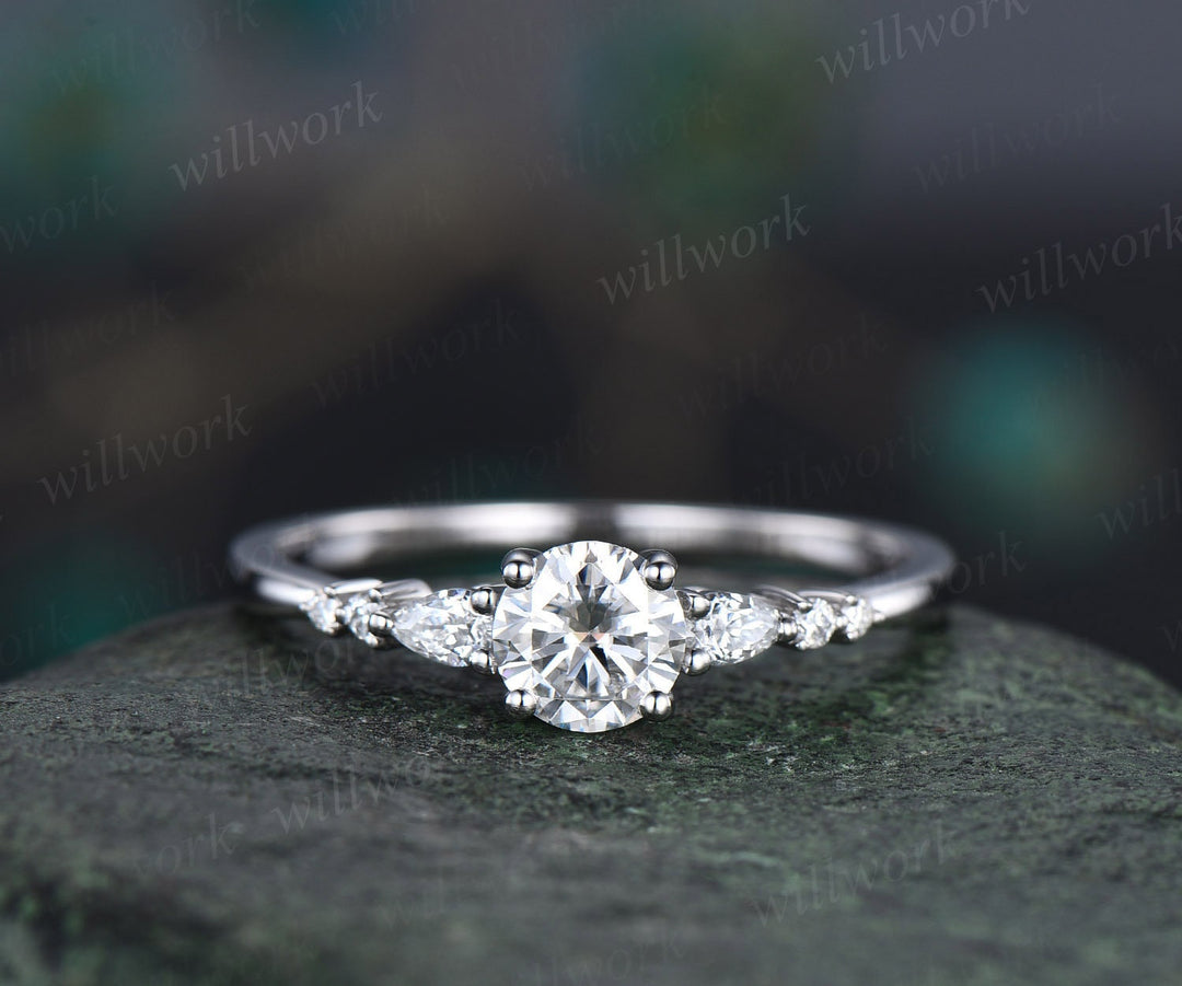 READY TO SHIP: 5MM Round Moissanite Engagement Ring - 10K White Gold - Ring Size:4 US