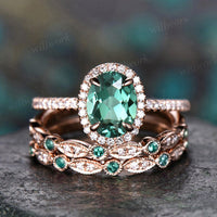 Vintage teal green sapphire engagement ring halo unique rose gold engagement ring diamond emerald ring for women bridal wedding ring set
