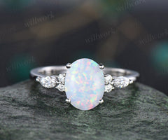 Oval cut opal engagement ring marquise diamond engagement ring women vintage promise ring