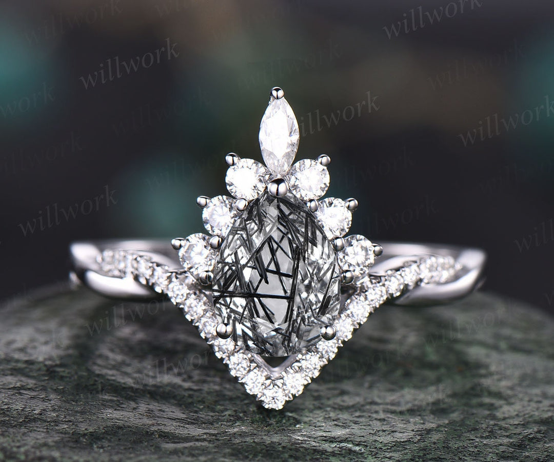 Custom order-kite cut black Rutilated Quartz engagement ring set moisanites wedding band with 14k white gold