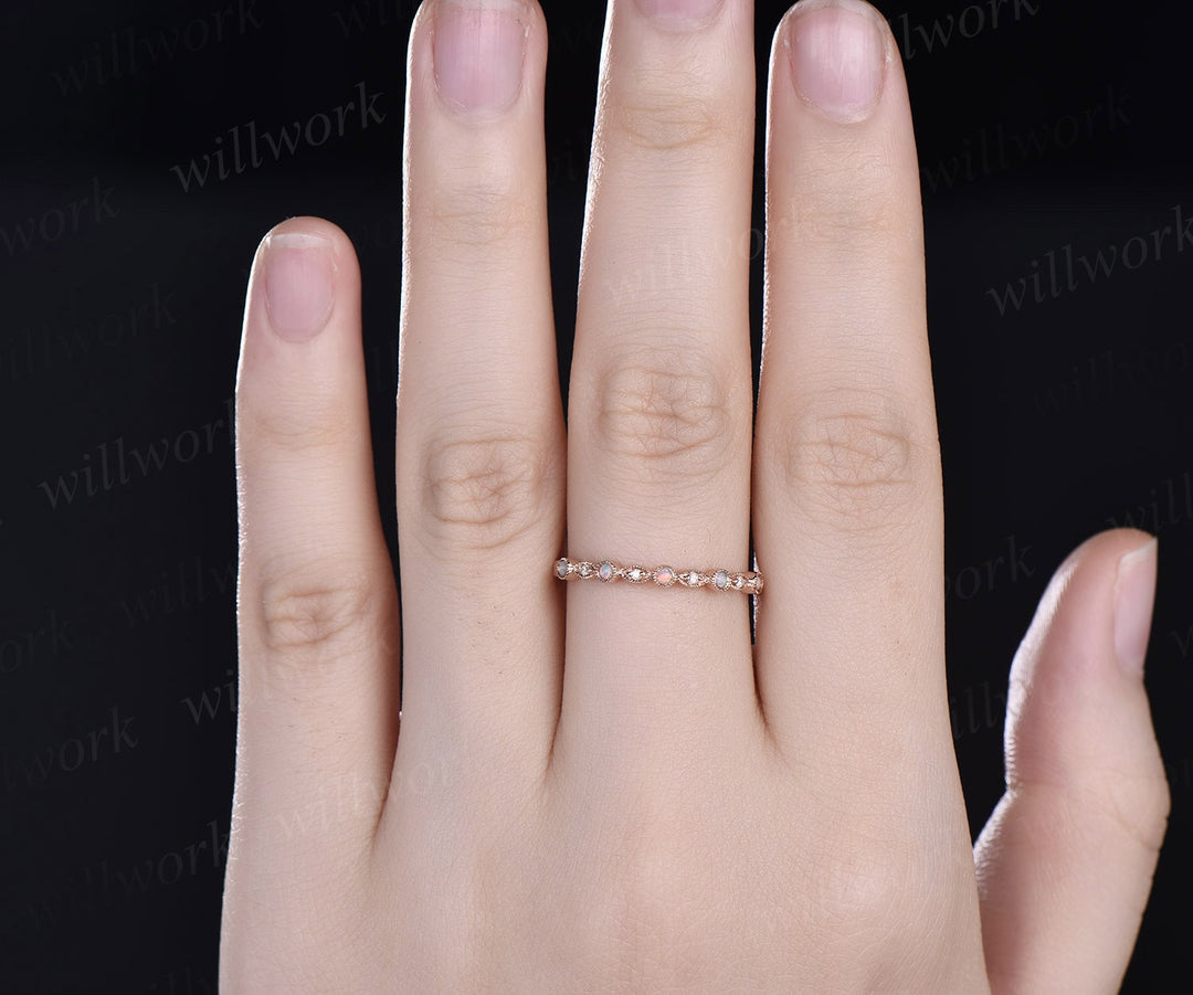 Unique opal ring for women vintage 14k rose gold ring art deco diamond wedding ring half eternity opal diamond wedding band jewelry gift