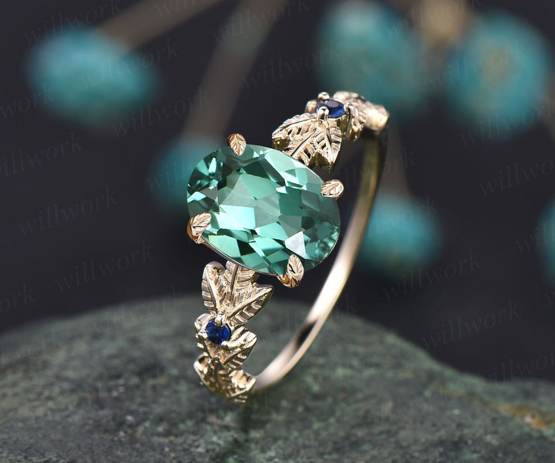 Oval cut teal green sapphire engagement ring 14k yellow gold Nature inspired leaf twig ring blue sapphire promise wedding ring for women