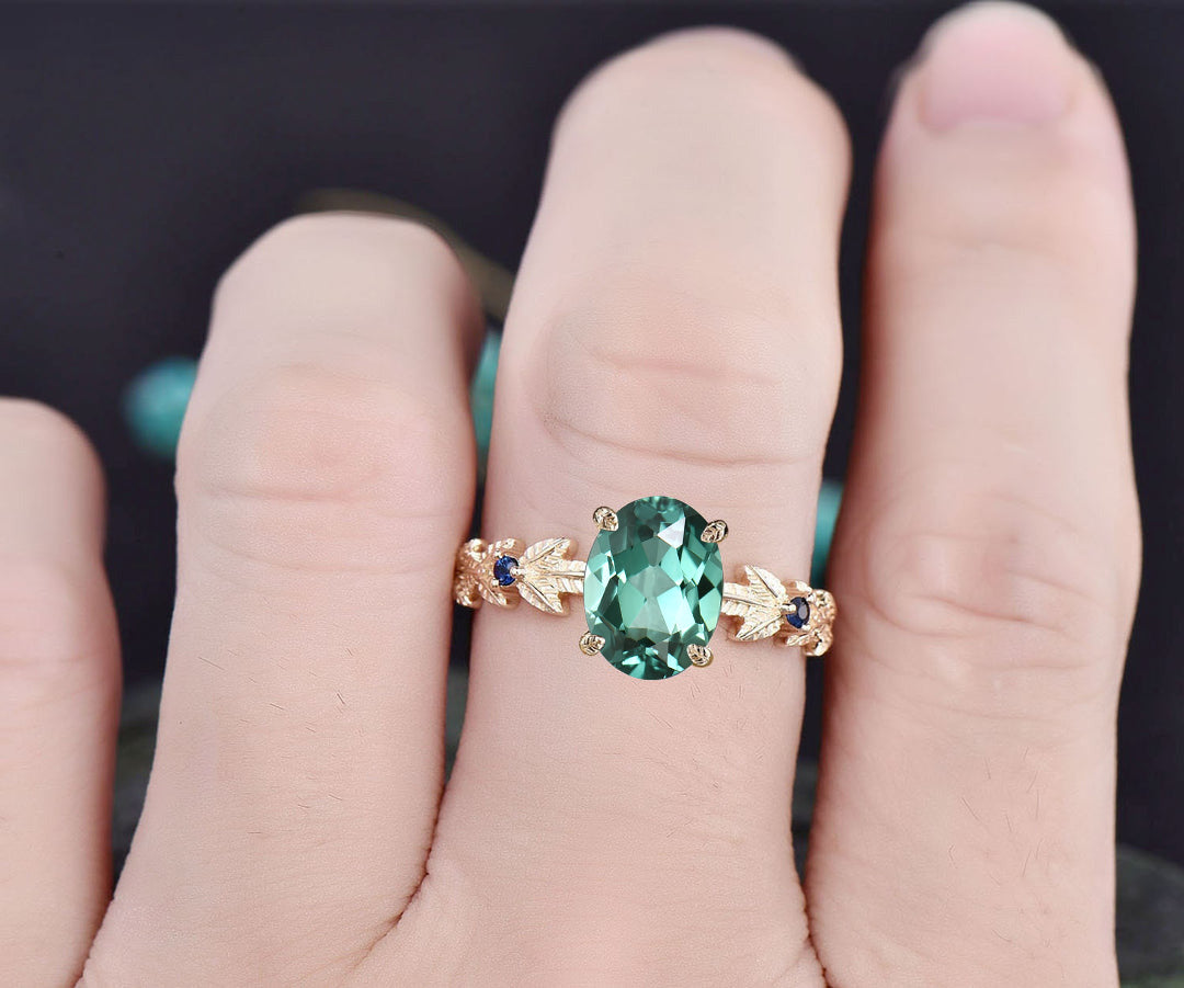 Oval cut teal green sapphire engagement ring 14k yellow gold Nature inspired leaf twig ring blue sapphire promise wedding ring for women