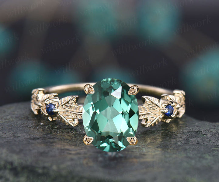 Oval cut teal green sapphire engagement ring 14k yellow gold Nature inspired leaf twig ring blue sapphire promise wedding ring for women