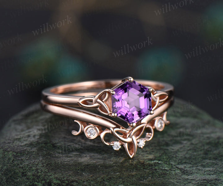Custom order unique hexagonal 6x6mm cut purple amethyst engagement ring set with platinum ring size 9.5