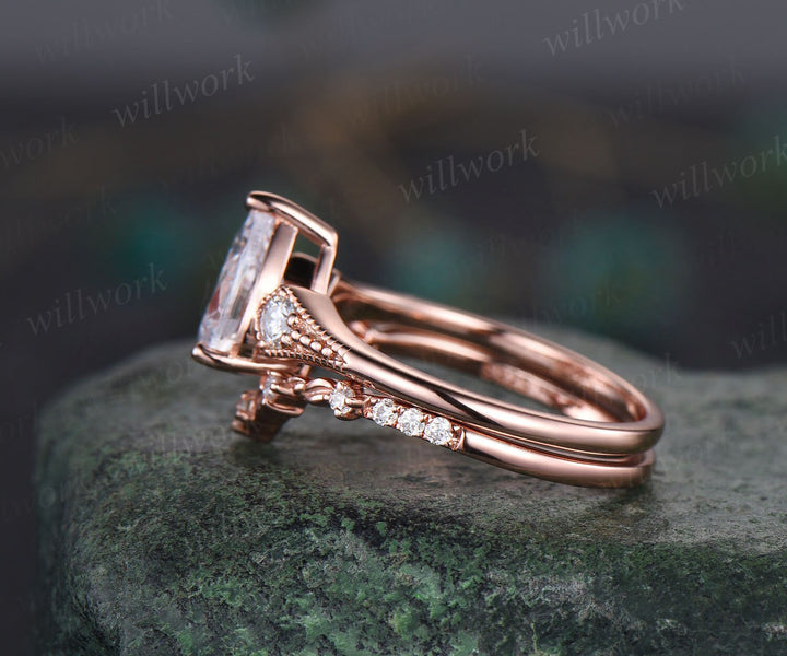 Vintage pear IGI Lab grown diamond engagement ring set leaf art deco diamond ring set three stone Milgrain antqiue wedding ring set women gift