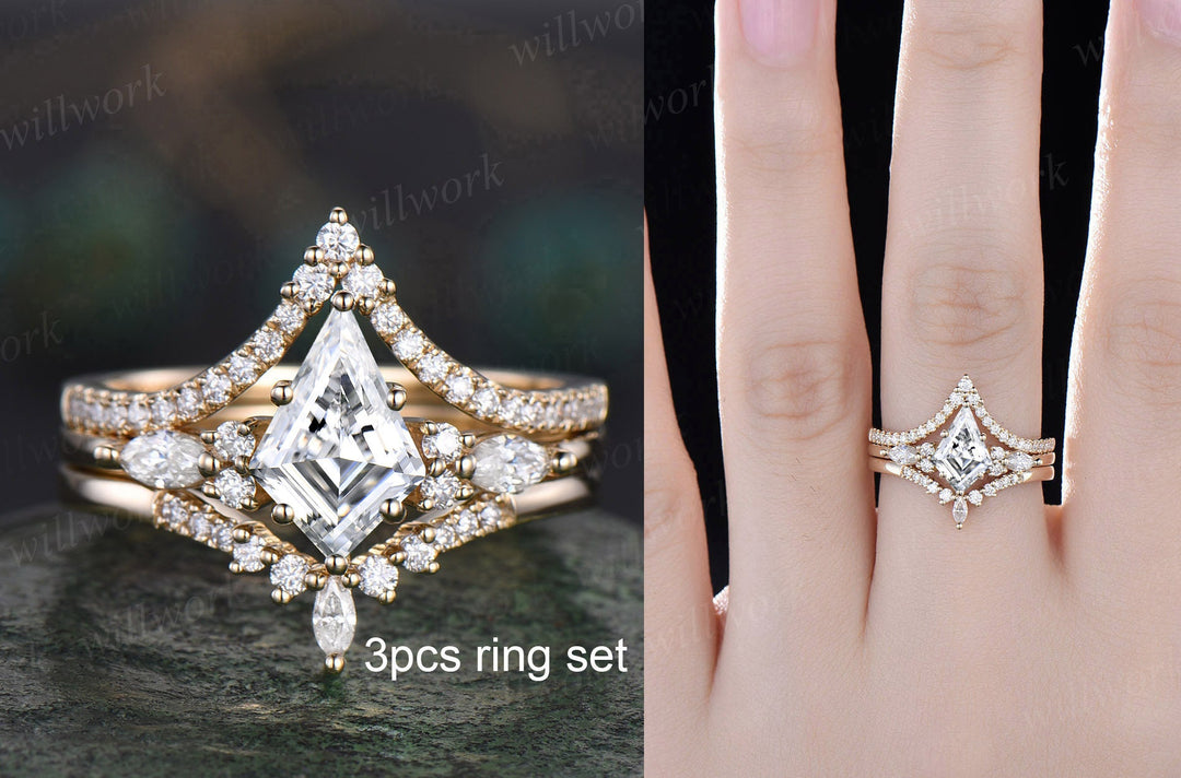 Vintage kite cut lab grown diamond engagement ring set 14k rose gold 6 prong diamond unique bridal wedding promise ring set women