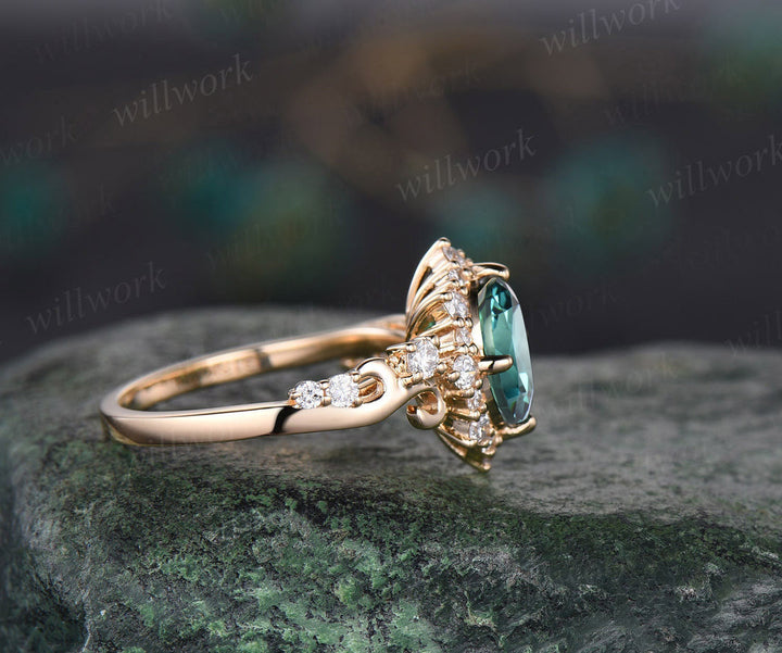 Vintage oval cut teal green sapphire engagement ring 14k yellow gold halo diamond ring unique promise anniversary ring women fine jewelry