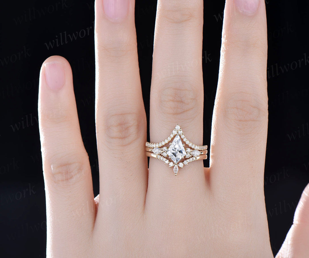 READY TO SHIP: Kite Cut Moissanite Engagement Ring Set -- 10k Rose Gold -- Ring Size: 8.5 US