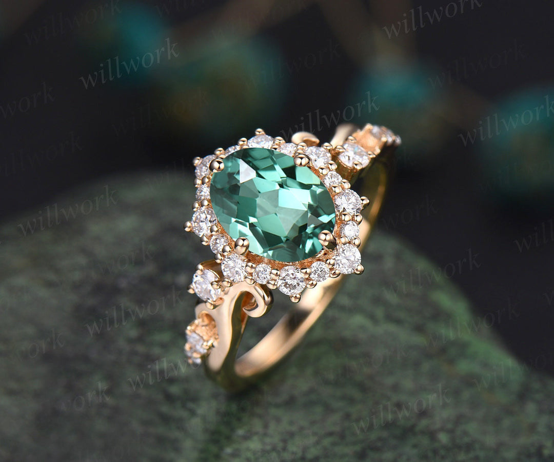 Vintage oval cut teal green sapphire engagement ring 14k yellow gold halo diamond ring unique promise anniversary ring women fine jewelry