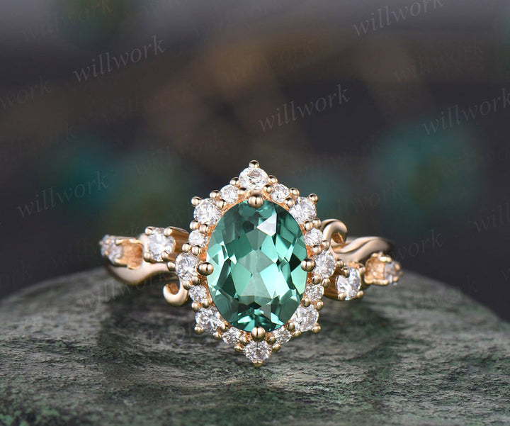 Vintage oval cut teal green sapphire engagement ring 14k yellow gold halo diamond ring unique promise anniversary ring women fine jewelry