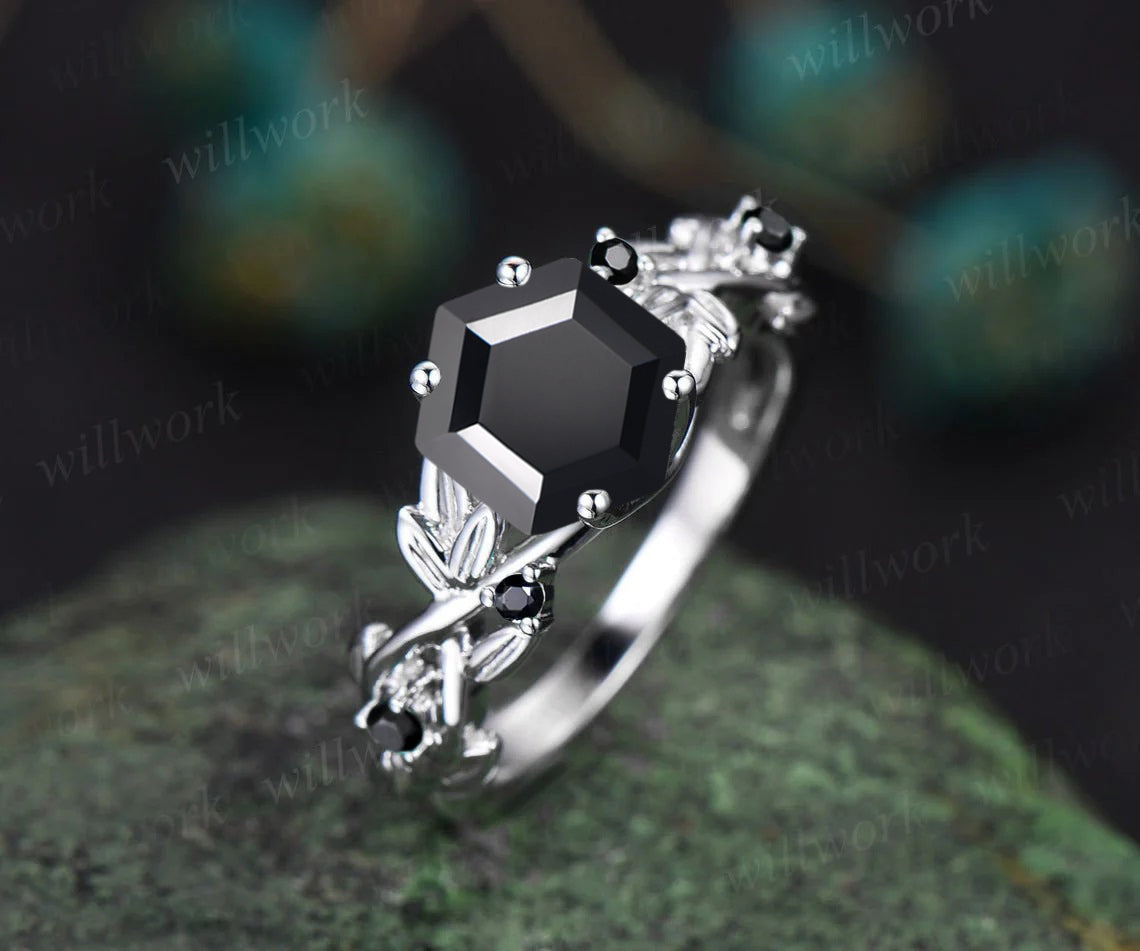 Round Black Onyx Branch Floral leaf Dainty Ring Sterling Silver Natural Black Onyx Leaves Engagement Wedding Promise Ring White store Gold Ring