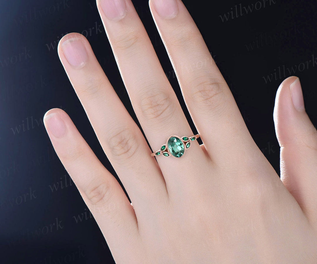 Vintage bezel oval green sapphire engagement ring art deco emerald ring women solid 14k rose gold antique green gemstone ring fine jewelry