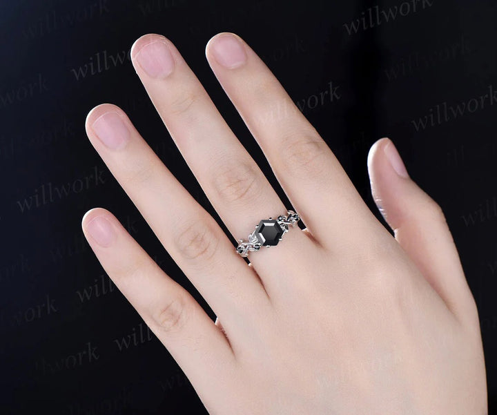 Unique Leaf Vine Twig Branch Nature Inspired Ring Art Deco Hexagon Cut Natural Black Onyx Engagement Ring Five Stone Twisted Split Shank Bridal Ring