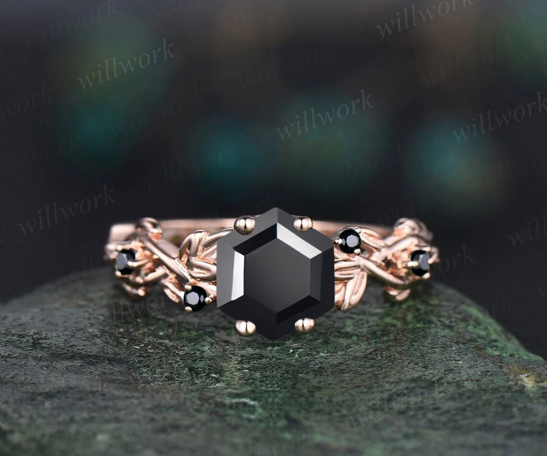 Unique Leaf Vine Twig Branch Nature Inspired Ring Art Deco Hexagon Cut Natural Black Onyx Engagement Ring Five Stone Twisted Split Shank Bridal Ring