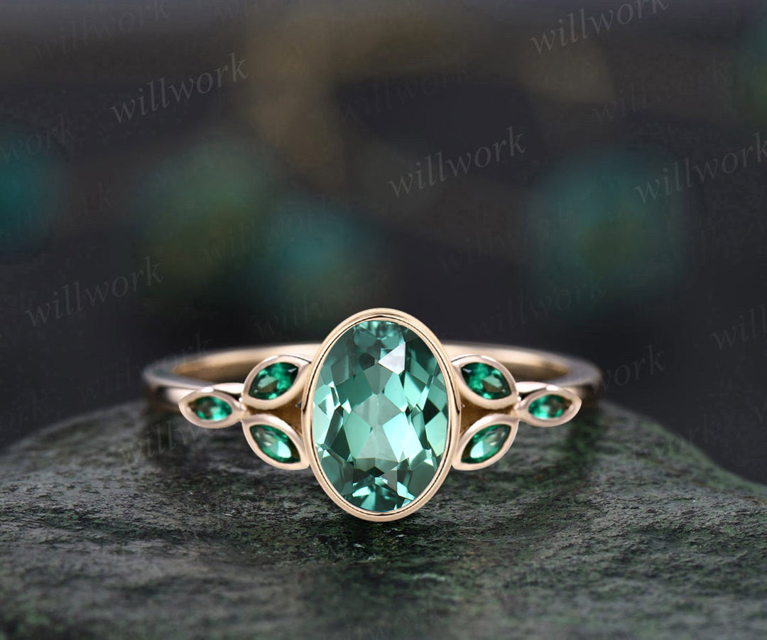 Vintage bezel oval green sapphire engagement ring art deco emerald ring women solid 14k rose gold antique green gemstone ring fine jewelry