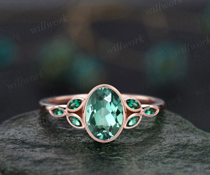 Vintage bezel oval green sapphire engagement ring art deco emerald ring women solid 14k rose gold antique green gemstone ring fine jewelry