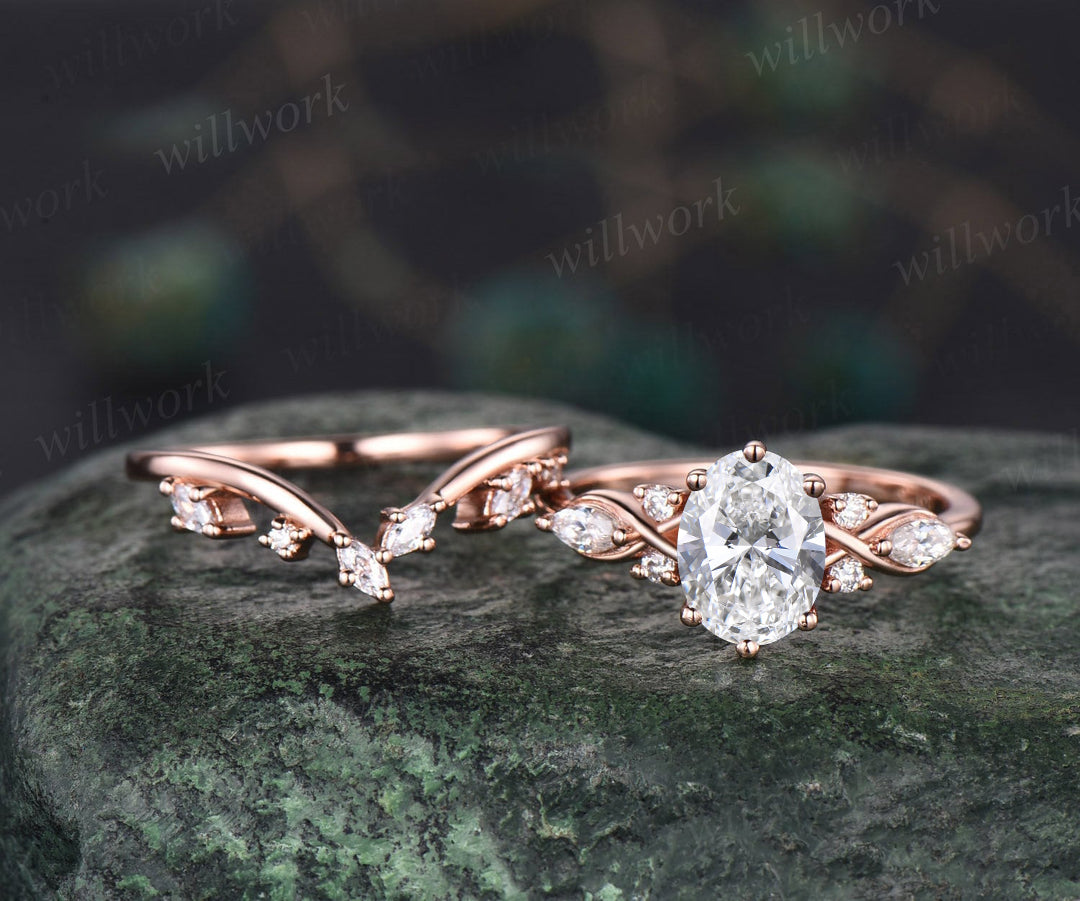 Vintage oval cut IGI lab-grown diamond engagement ring set 14k rose gold marquise cut diamond-accented ring women unique promise bridal wedding ring set