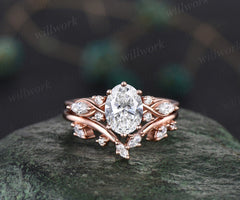 Vintage oval cut IGI lab-grown diamond engagement ring set 14k rose gold marquise cut diamond-accented ring women unique promise bridal wedding ring set
