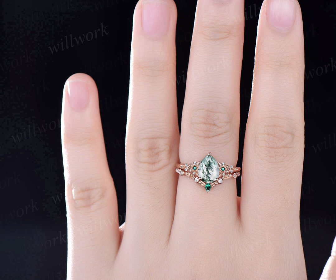 READY TO SHIP: 2PC Moss Agate Engagement Ring Set - 10k Rose Gold - Ring Size:8.5 US