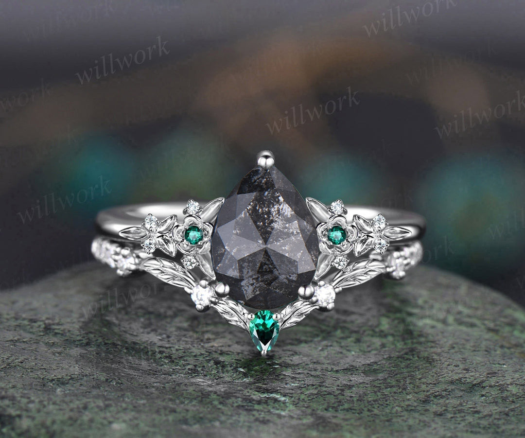 Vintage pear salt and pepper diamond engagement ring leaf flower emerald ring women unique cluster diamond bridal wedding ring set gift