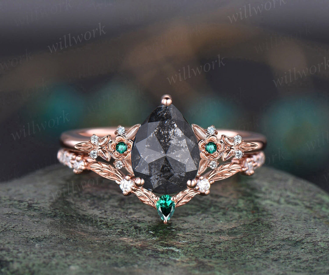 Vintage pear salt and pepper diamond engagement ring leaf flower emerald ring women unique cluster diamond bridal wedding ring set gift