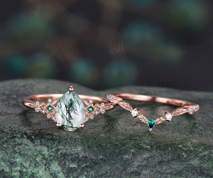 READY TO SHIP: 2PC Moss Agate Engagement Ring Set - 10k Rose Gold - Ring Size:8.5 US