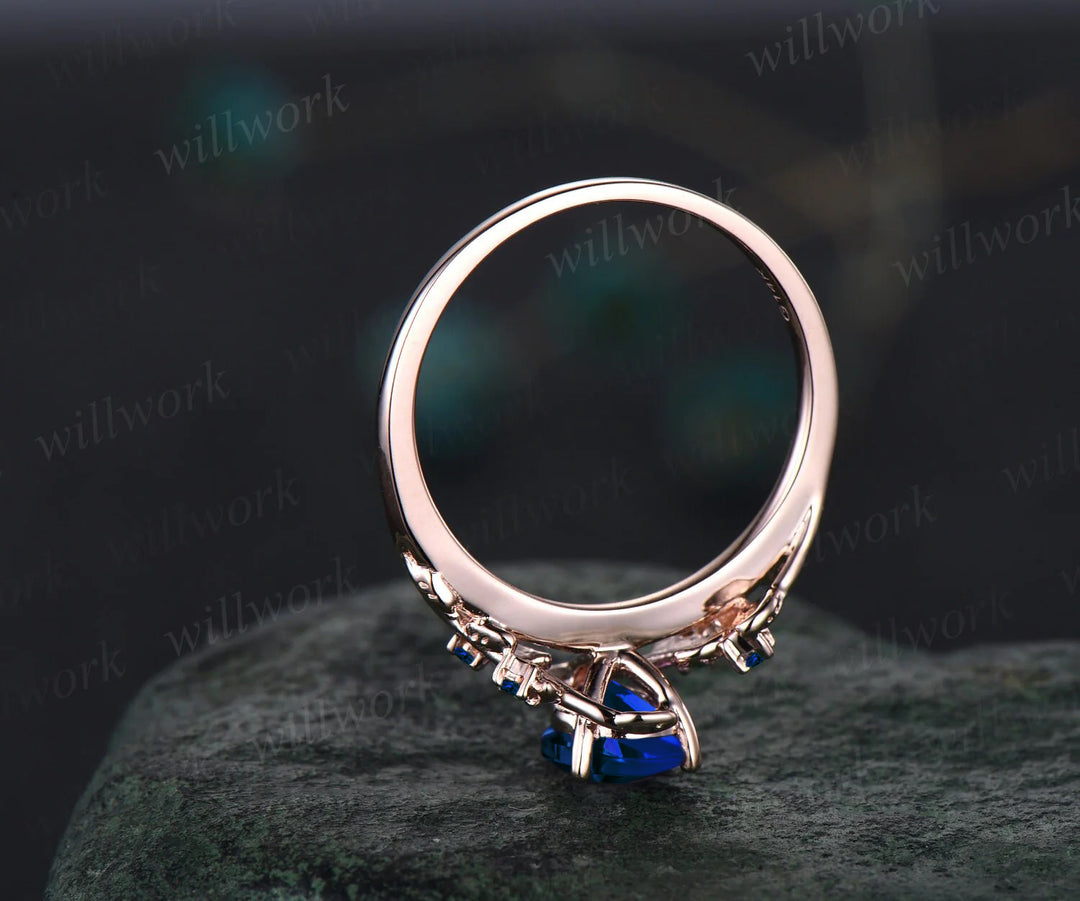 September Birthstone Blue Sapphire Engagement Ring Leaf Vine Twig Branch Floral Nature Inspired Bridal Ring 14k Rose Gold Five Stone Ring