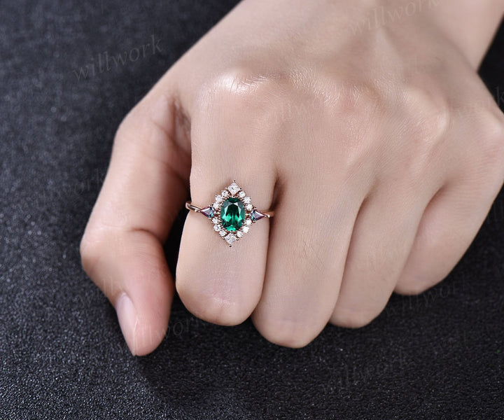 Vintage oval lab emerald engagement ring 14k rose gold halo princess diamond ring kite alexandrite ring women retro wedding anniversary ring