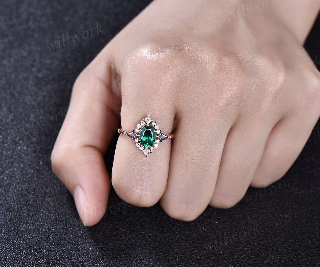 Vintage oval emerald engagement ring 14k rose gold halo princess diamond ring kite alexandrite ring women retro wedding anniversary ring