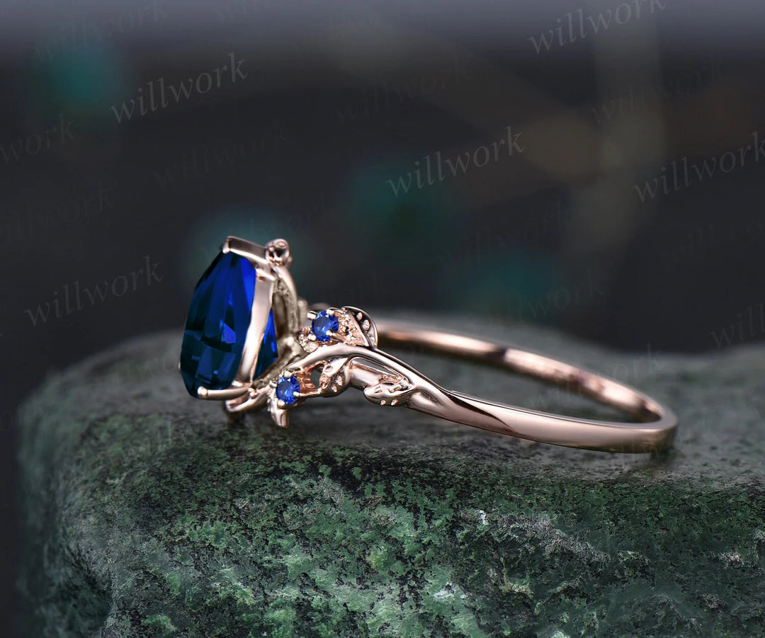 September Birthstone Blue Sapphire Engagement Ring Leaf Vine Twig Branch Floral Nature Inspired Bridal Ring 14k Rose Gold Five Stone Ring