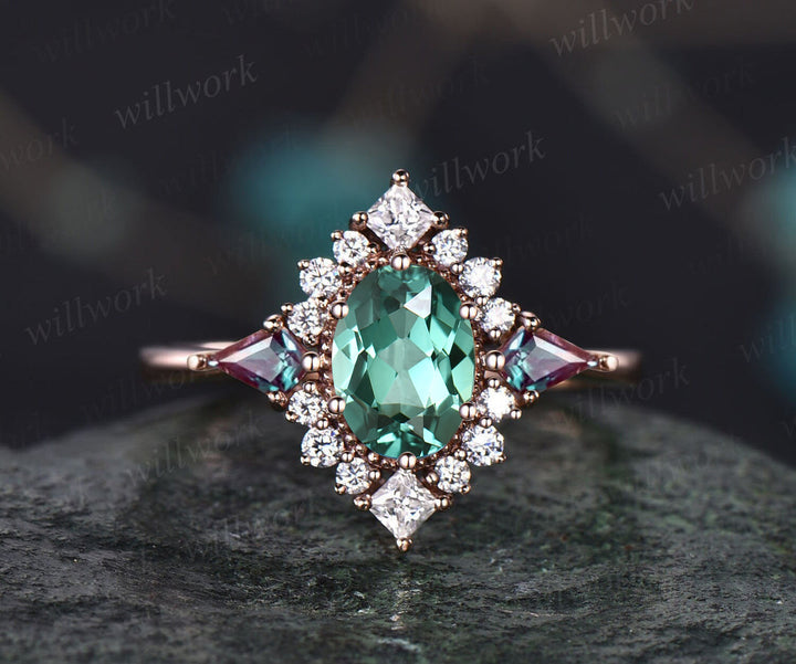 Vintage oval teal green sapphire engagement ring 14k gold halo princess cut diamond ring kite alexandrite ring women retro anniversary ring