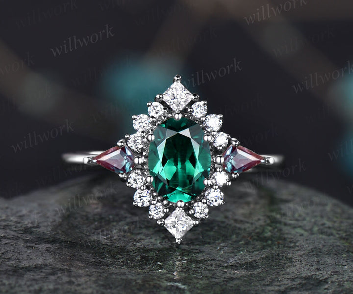 Vintage oval lab emerald engagement ring 14k rose gold halo princess diamond ring kite alexandrite ring women retro wedding anniversary ring