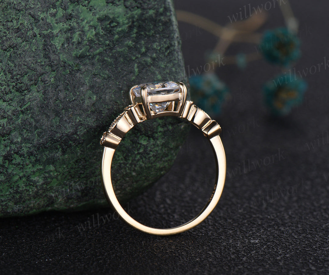 Cushion cut moss agate ring gold vintage green moss agate engagement ring yellow gold art deco unique moissanite wedding promise ring set
