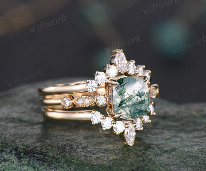 Cushion cut moss agate ring gold vintage green moss agate engagement ring yellow gold art deco unique moissanite wedding promise ring set