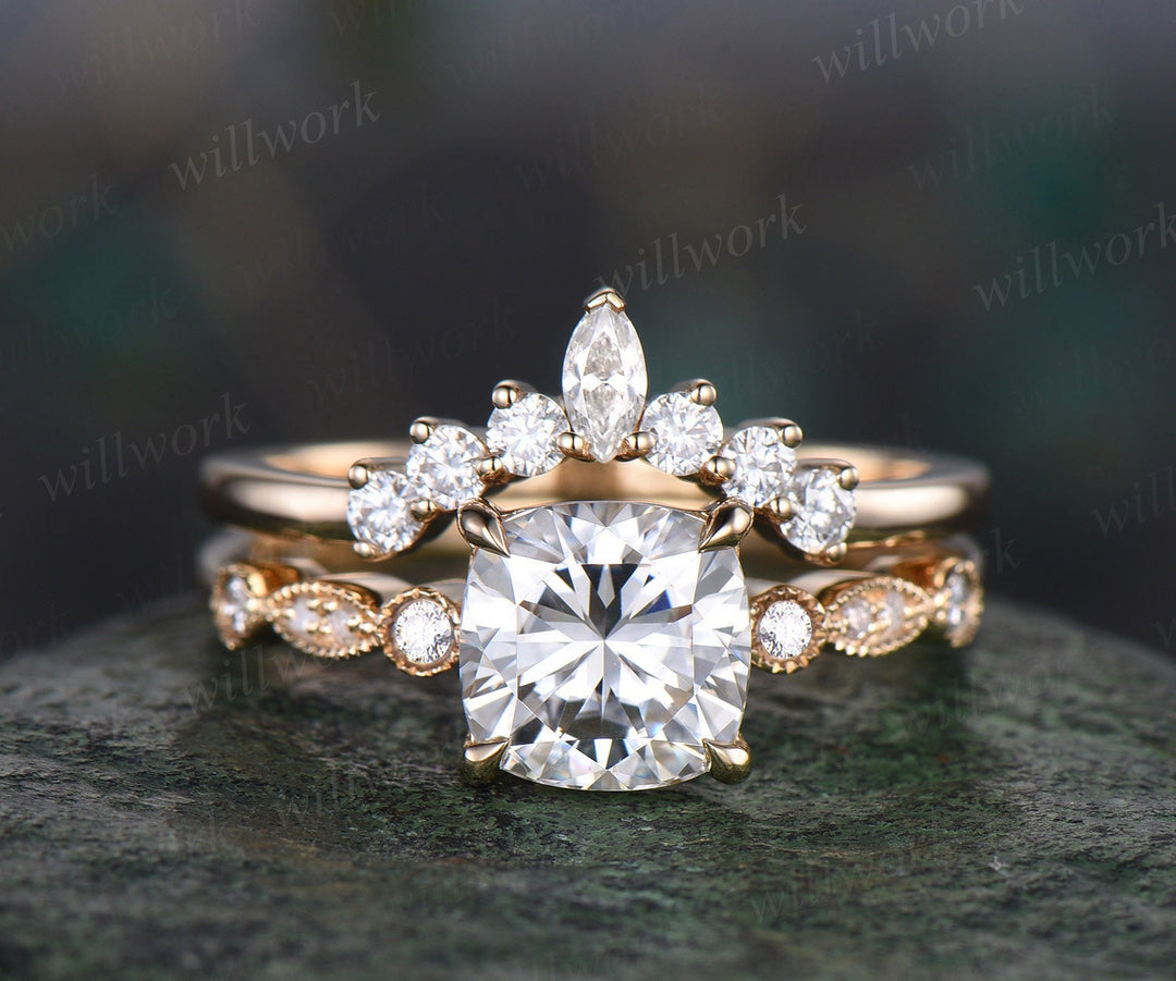 Cushion cut Moissanite ring gold vintage engagement ring yellow gold art deco unique moissanite wedding promise ring set
