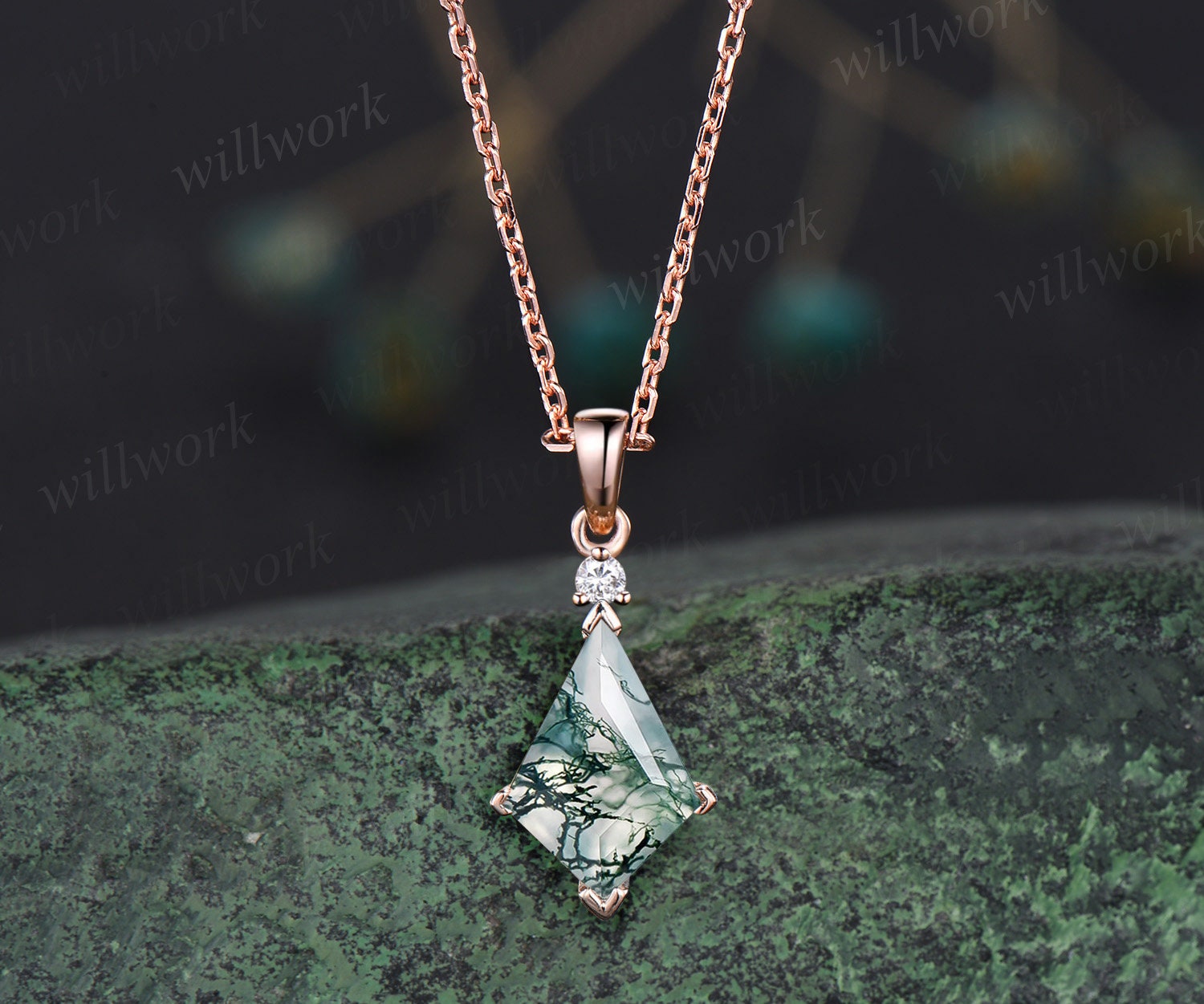 Kite Natural Moss Agate Necklace Solid 14K 18K White Gold Vintage Unique Personalized Pendant for Women Her Anniversary Bridal Gift Mother Solitaire