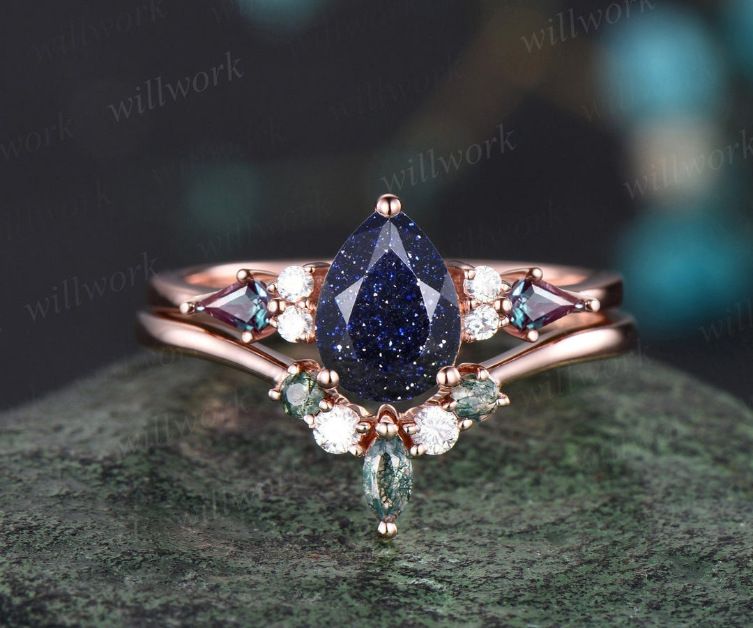 Custom listing for Noah-Pear blue sandstone ring vintage kite alexandrite ring set with 10k rose gold in size 6